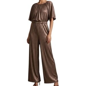 Diosa Metallic Bronze Plissé Jumpsuit Wide Leg Flutter Sleeve Disco Party Boho M